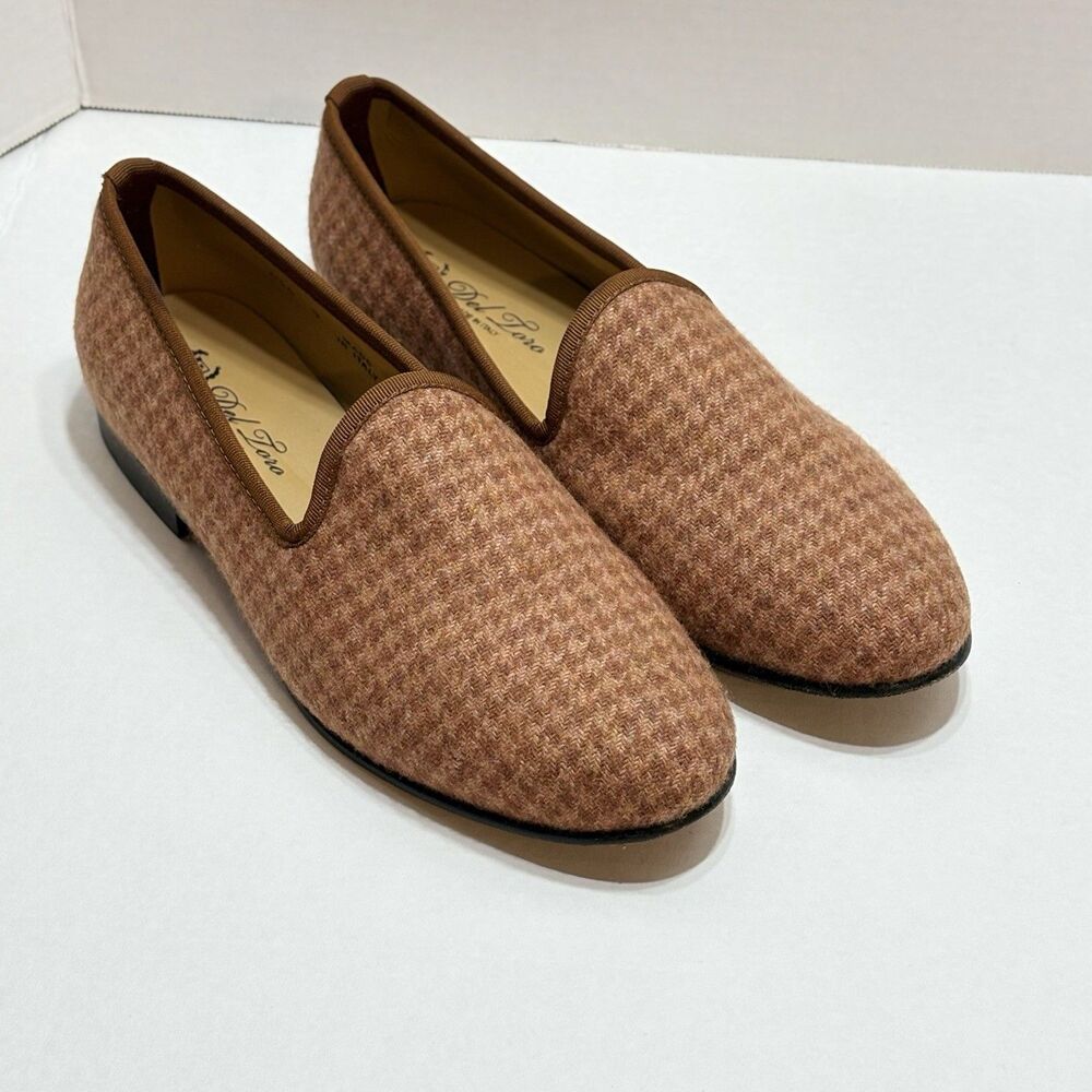 Del Toro Men's Cognac Cashmere Houndstooth Loafer Slippers Size 9 Italy